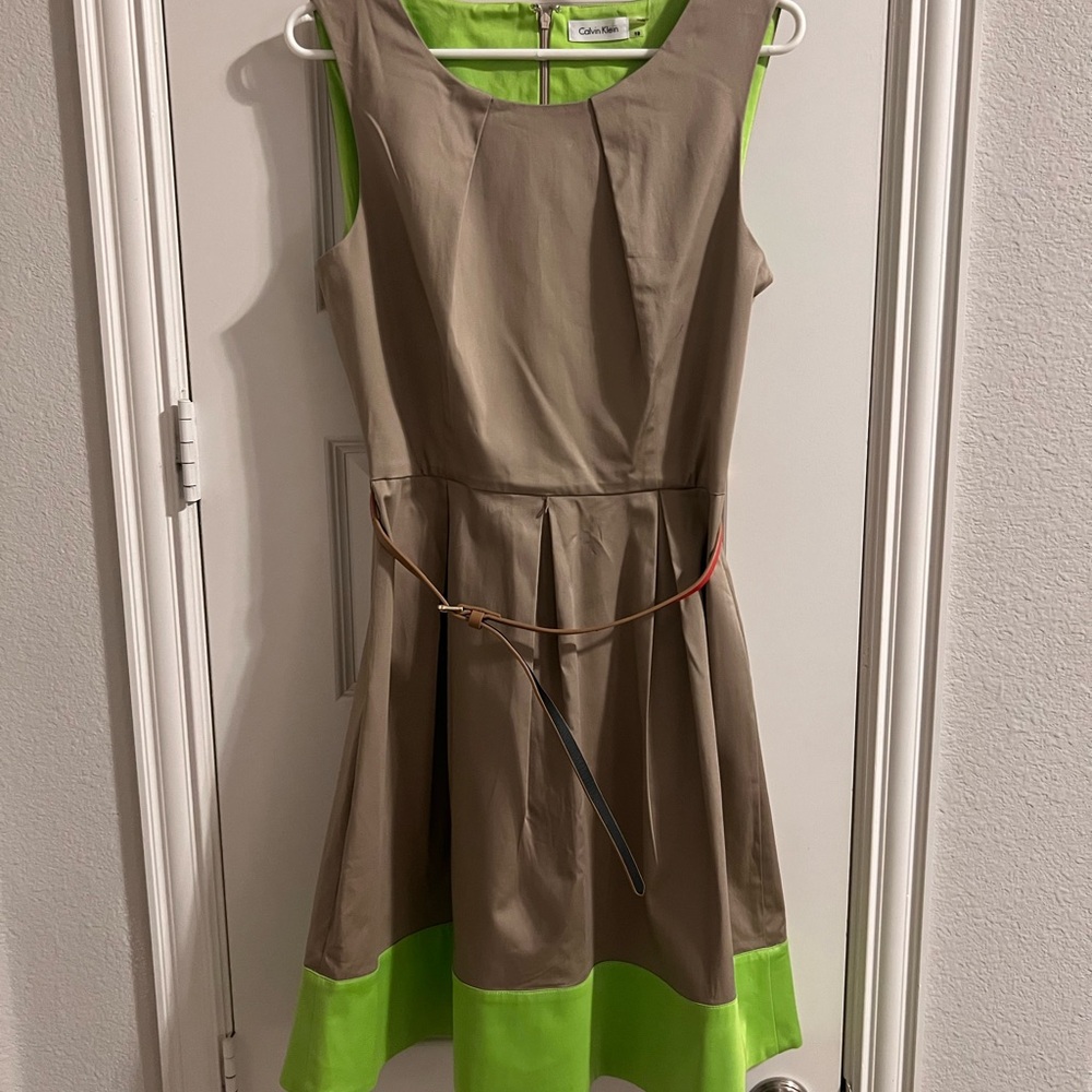 Calvin Klein Beige Dress with Neon Green Lining